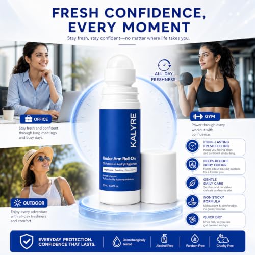Image of KALYRE Under Arm Roll-On for Dark Underarms | 5% Potassium Azeloyl Diglycinate (PAD) | Brightening, Odour Control & Skin Soothing | Alcohol-Free Deodorant Roll-On | Reduces Underarm Pigmentation | 50ml