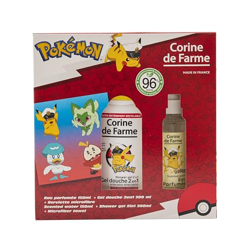 Corine de Farme - Coffret Pokémon : Eau Parfumée 150ml + Gel Douche 2en1 300ml + Serviette Microfibre - Parfum Boisé, Ingrédients Naturels, Peaux Sensibles