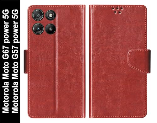 Image of SBMS Flip Cover for Motorola Moto G67 Power 5G / Moto G57 Power Back Cover Case with Magnatic Closure | Genuine Leather Finish | Inbuilt Stand | Card & Money Pocket | Wallet Style Case (Brown)