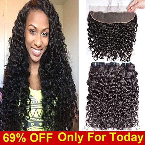 Brazilian Water Wave 3 Bundles With Frontal Closure Free Part Wet And Wavy 8A Virgin Curly Human Hair Bundles With 13x4 Lace Frontal Closure (10 12 14 + Fr 10)