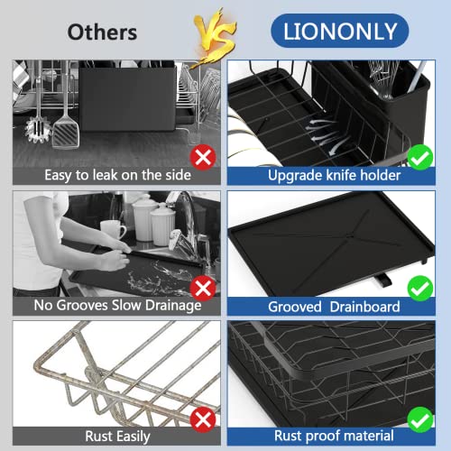 Liononly Large Dish Drying Rack With Drainboard, Stainless Steel Dish Rack For Kitchen Counter,Detachable Dish Drainer Organizer Shelf With Utensil Holder Set (Black) #TOP1