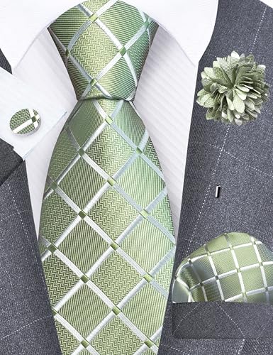 Image of GUSLESON 3.15 inch(8cm) Mens Tie and Lapel Pin Plaid Checkered Necktie Hankerchief Cufflinks Set for Men