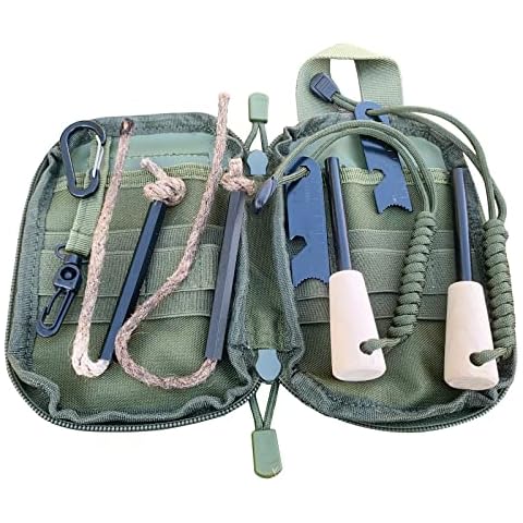 Yeeseok Fire Starter Survival Kit, Larger Ferro Rod with Striker Lanyard 3in Long Flint and Steel, 13.8in Wick Hemp Cord, Multifunctional Bag (Green - More Accessories) Cover
