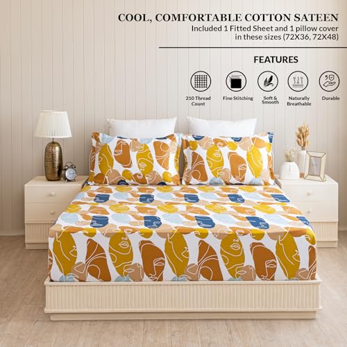 Image of HOMEMONDE 210 TC Premium Cotton Elastic Fitted Bedsheet for Single Bed - Faces of Color Design - Soft & Durable with 1 Matching Pillow Cover (72 x 36 Inch) | Perfect for Home Decor & Gifting