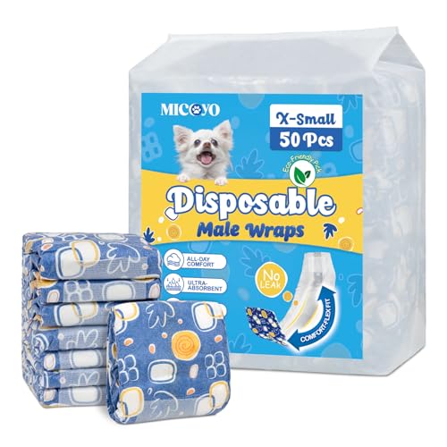 MICOOYO Dog Nappies Male Disposable Super Absorbent Male Dog Wraps Belly Bands for Dogs with Wetness Indicator Doggy Diapers for Incontinence Marking(XS 20Pcs)
