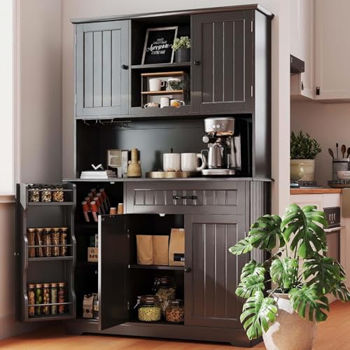 Opiniones de Mueble de Cocina Con Tarja Top 5. 46 FL FASHION LEADER Despensa de Cocina con encimera,Armario de Almacenamiento 170cm, Barra de café con Espacio de Almacenamiento para Comedor y Sala de Manualidades (Negro)