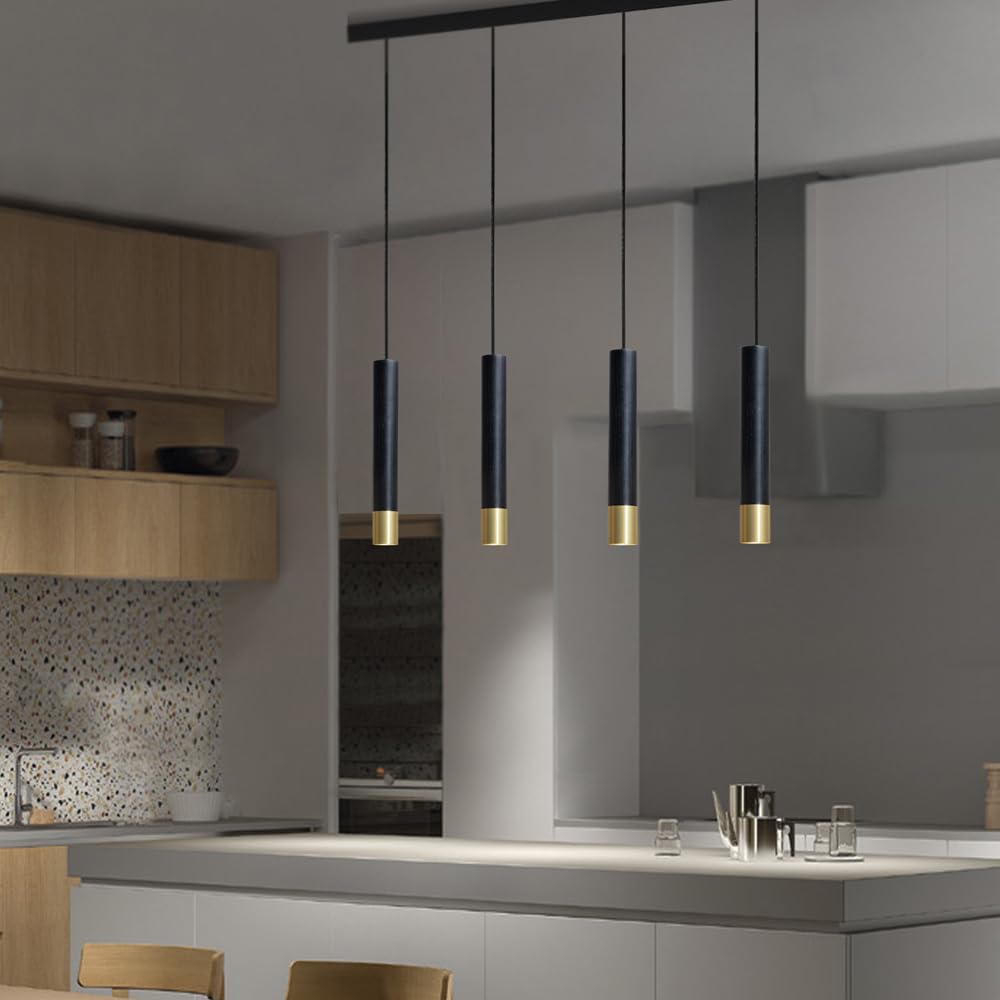 Lampada a Sospensione 4 Fiamme Oro Nero,Lampadario Moderna Asta Tavolo da Pranzo,Lampada Tavolo da Pranzo In Alluminio a Sospensione,Lampadari in Legno per Isola Cucina,Soggiorno,Gu10