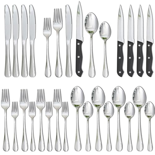 Astercook Silverware Set with Steak Knives 24-Piece Flatware Set for 4 Food-Grade Stainless Steel Cutlery Set Mirror Polished Utensils Set Include Spoons and Forks for Home Kitchen Restaurant
