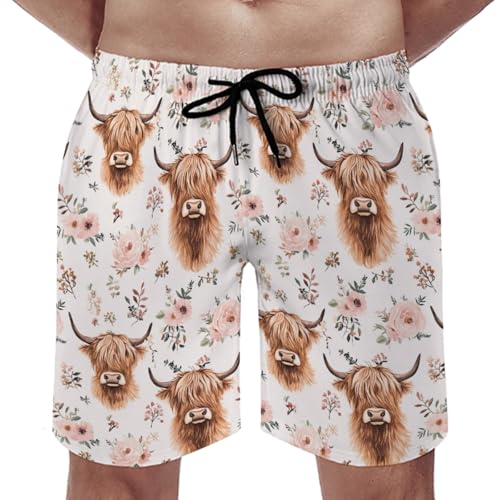 Highland Cow Boho Floral Men's Swim Trunks Highland Yak Pink Flower Board Shorts Western Cowboy Animal Swimsuit4