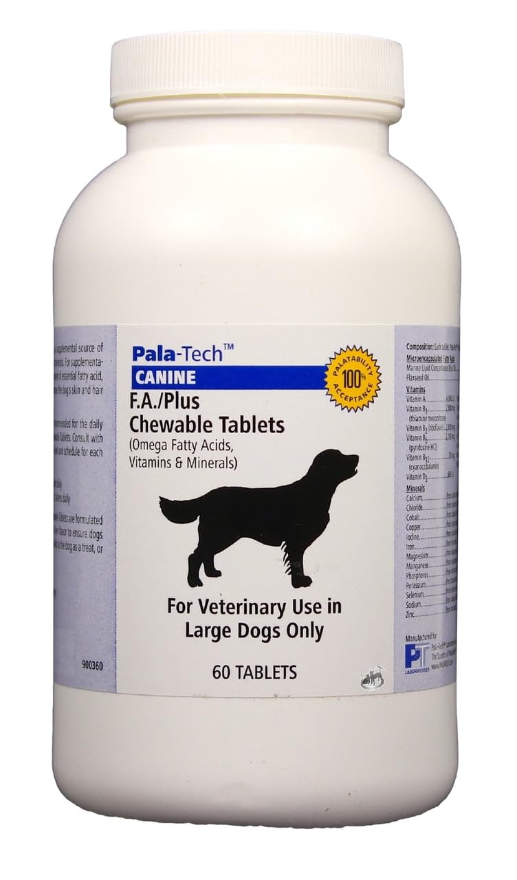 Pala-Tech FA Plus Chew Tabs for Large Dogs - Supports Skin, Coat & Allergy Relief - Dog Vitamins and Supplements with Omega-3 & 6 Fatty Acids - 60 Ct, Roast Beef Flavor