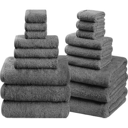 SEMAXE 18-teiliges Badetuch-Set beinhaltet 6 Badetücher, 6 Handtücher, 6 Waschlappen, 100 % Baumwolle, Badetücher mit Aufhängeschlaufen und Nano-Bio-Lebenszyklus-Etiketten, weiches und saugfähiges