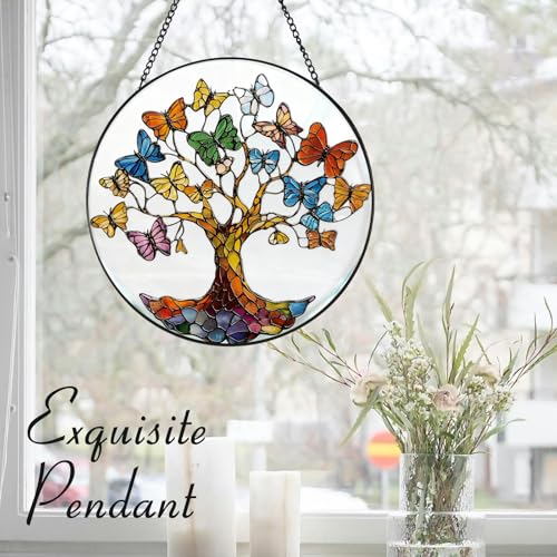 Zizzie Stained Glass Tree of Life Suncatcher - 7.9" Real Glass Blue Butterfly Leaves Window Hanging, Weatherproof Spiritual Rebirth Decor, Sympathy Memorial Healing Gift for Mom Women — view 5