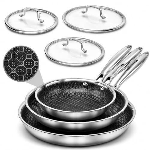 USELUCK Non Stick Frying Pan Set - 8, 10, 12-Inch Hybrid Non-Toxic Skillet with Lids - Dishwasher & Oven Safe, Induction Ready, Stainless Steel Kitchen Cookware Set (7-Pcs Set)