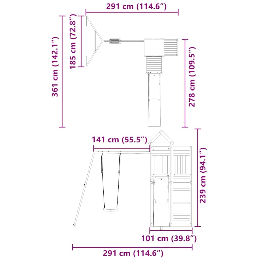 Wieża do zabawy z litego drewna daglezji ze zjeżdżalnią falistymi, huśtawką i piaskownicą, platforma 118 cm, zabawka ogrodowa do ogrodu, na podwórko, taras, ruch motoryki dla dzieci, plac