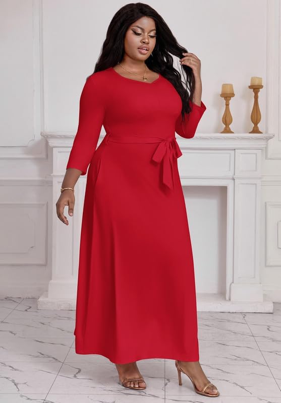 Maxi Dress for Women 3/4 Sleeves V-Neck Semi Formal Church Long Casual Dresses with Pockets - Image 5