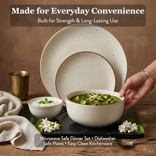 Image of Miah Decor Ceramic Dinner Set - 14-Piece Handmade Stoneware | 4 Bowls, 4 Quarter Plates, 4 Dinner Plates & 2 Serving Bowls | Off White Ribbed Matte Finish | Microwave & Dishwasher Safe | Ideal Gift