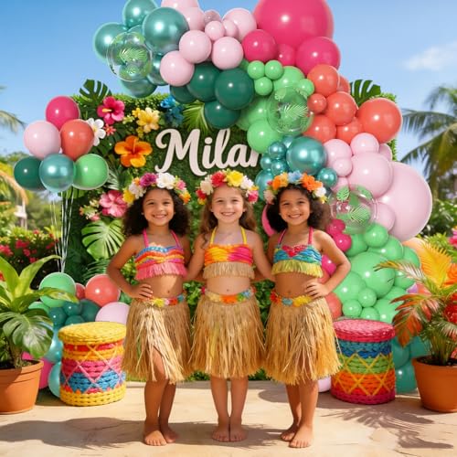 Image of Amandir 153pcs Tropical Balloon Arch Kit Different Sizes | 18 12 10 5 inch Hot Pink Green Orange Palm Leaves Hawaiian Luau Balloons for Summer Aloha Birthday Beach Party Decorations