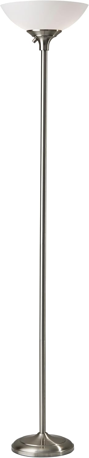 Adesso Brushed Steel Torchiere Floor Lamp with Frosted White Shade – 300W Double Socket Construction, Modern Accent Lighting for Bedroom, Living Room, or Home Office, 71” Tall