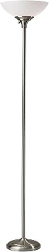 Adesso Brushed Steel Torchiere Floor Lamp with Frosted White Shade – 300W Double Socket Construction, Modern Accent Lighting for Bedroom, Living Room, or Home Office, 71” Tall