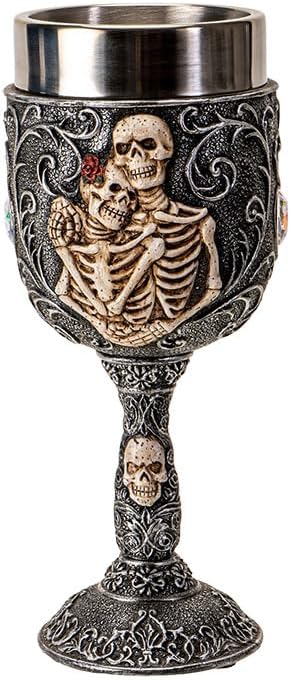 Pacific Giftware Skeleton Couple Wine Goblet Gothic 8 Floz Chalice Cup with Romantic Skeletal Embrace Design Resin and Stainless Steel Wine Glass for Halloween Decor and Bar Display