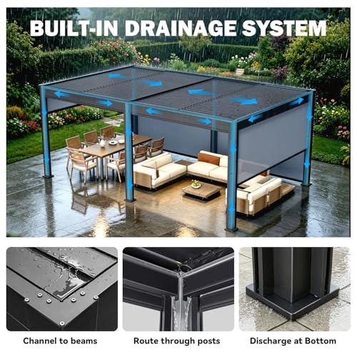 Image of MELLCOM Motorized Louvered Pergola 10x20, Solar & Electric Powered with LED Lights and 6 Side Screens, Aluminum Adjustable Louvered Roof, Weatherproof Outdoor Shelter