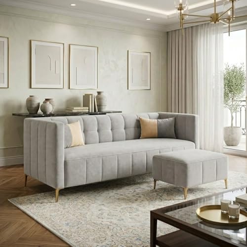 Image of SOCOZI Stylluxe 4 Seater L Shape Sofa Set with Movable Ottoman | Flexible Left or Right Layout | Soft Velvet Suede Fabric | Modern Design | Plush Comfort Cushions for Living Room (Light Grey)