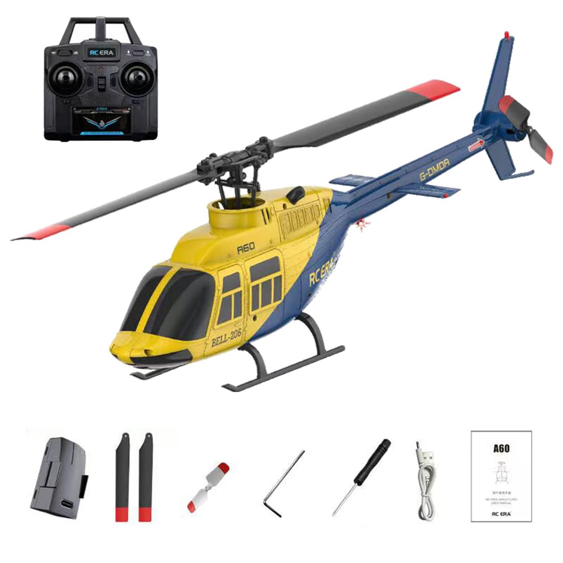 RC ERA A60 Bell 206 RC Helicopter for Adults, 1/42 Scale Single Rotor Flapless RC Helicopter, 6G 6CH Remote Control Aircraft Model with Altitude Hold & One-Key Takeoff Landing (RTF/1Battery)