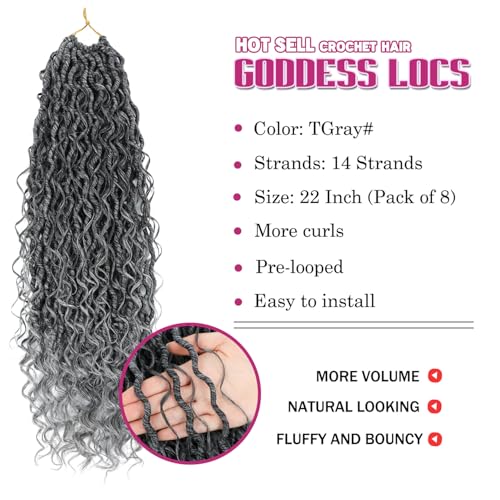 Image of 8 Packs Curly Faux Locs Crochet Hair, 22 Inch Goddess Locs Crochet Hair Hippie Synthetic Braids, Boho Style Crochet Braids (22 Inch, 8 Packs, TGray)
