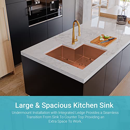Strictly Sinks 30 Inch Corner Kitchen Sink – Copper Single Bowl 16 Gauge Stainless Steel Shelf Accessory ½ Inch Radius – With Scratch & Stain Resistant Bottom Protector Grid #TOP2
