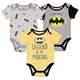 DC Comics Baby Boys Newborn Infant Superman and Batman 3 Pack Snap Closure Bodysuit (Yellow/Grey, 3-6 Months)