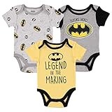 DC Comics Baby Boys Newborn Infant Superman and Batman 3 Pack Snap Closure Bodysuit (Yellow/Grey, 6-9 Months)