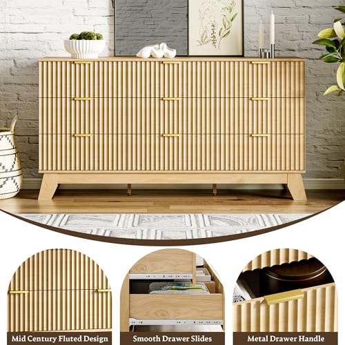 Image of HUANLEGO Fluted Dresser for Bedroom with 9 Drawers, 57 inch Mid Century Modern Dresser of Closet TV Stand, Nature Wood Dressers with Gold Handle, Boho Closet Wide Modern Chest of Drawers, Natural