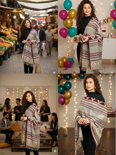 Image of KE KANHA EXPORTS Women Winter Shawl|shawl for women winter|scarf for woman stylish|boho border print|lightweight warm silky soft|210x105 Cm