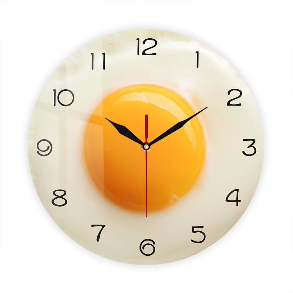 Timethink 12 Inch Kitchen Wall Clock, Fried Egg Poached Egg Wall Clock Silent Non Ticking Quartz Egg Yolk Clock Round Analog Wall Watch Breakfast Food