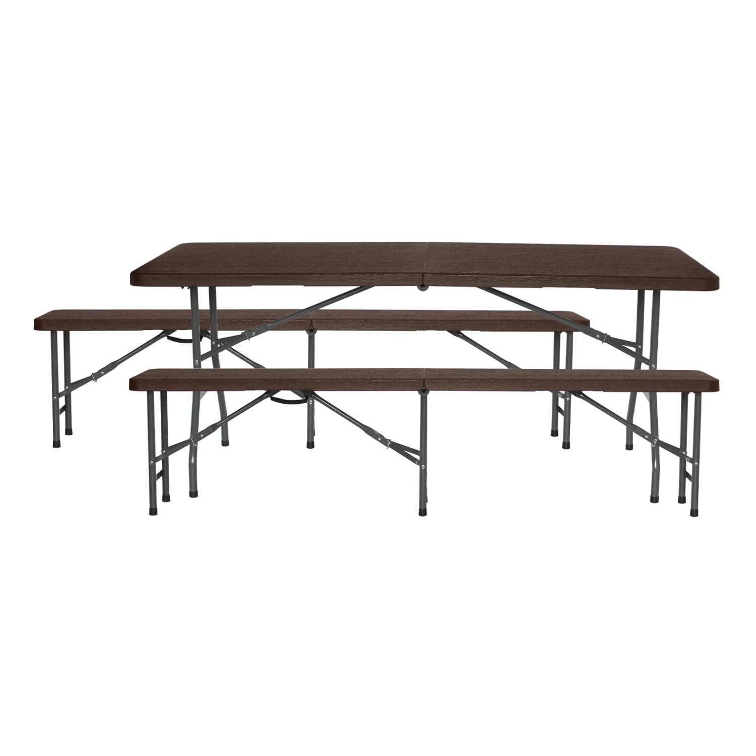 7H SEVEN HOUSE Conjunto Plegable Mesa con 2 Bancos de 180cm Catering Marrón Efecto Madera 7house