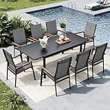 MFSTUDIO 9 PCS Patio Dining Set with 8 Stacking Aluminum Patio Chairs and 1 Rectangular Expandable Heavy Duty Table, Outdoor Table and Chairs Set, Outdoor Dining Set, Grey