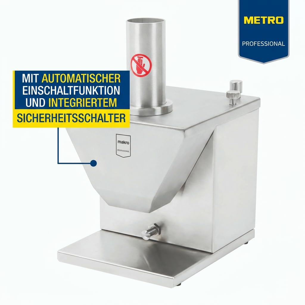 METRO Professional Currywurstschneider GWS1000 - Edelstahl, 29 x 24,5 x 36,5 cm, einstellbare Schnittstärke 5-30 mm, doppelte Sichelklinge, 135 W, Sicherheitsfunktion, kompakt & hygienisch, silber