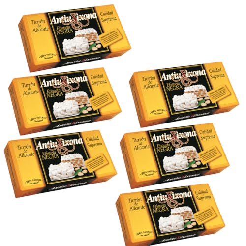 Pack de 6 Turrones Duros de Alicante Antiu Xixona Etiqueta Negra, 150g, Artesanales de Jijona