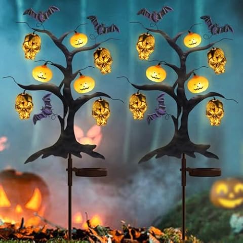 Aiscool Solar Halloween Outdoor Decorations, Led Solar Powered Skull Pumpkin Lights, Garden Lawn Patio Decoration Pathway Lights, Halloween Yard Decorations Tree Cover