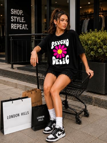 Image of London Hills Oversized Tshirt for Woman | t Shirt for Woman Oversized Fit Printed Round Neck | Tops for Woman's | Women t Shirt Loose Fit Drop Shoulder | t Shirts for Women | Western Tops