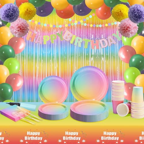 Gudvilla Rainbow Party Decorations for Women, Pastel Party Decorations, Girl Birthday Plates, Rainbow Plates Party Supplies Serve 25, Girl Birthday Decorations