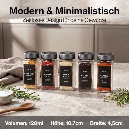 EDELHAUS Gewürzgläser Eckig Set 24x120ml Space Gray Edelstahl 240 Etiketten – Ansicht 2
