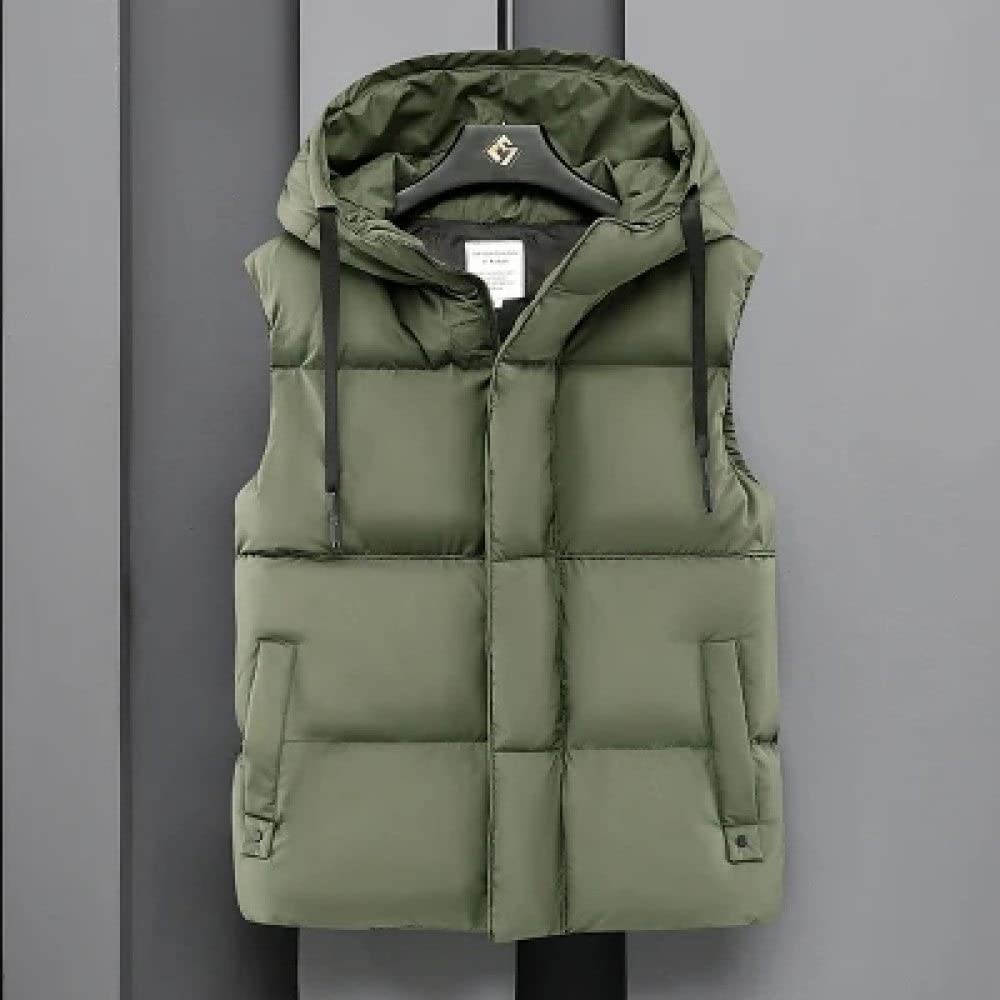 Daunenweste Herren - Lässige Daunenweste Aus Baumwolle, Einfarbige, Ärmellose Weste Mit Kapuze, Klassische Armeegrüne Jacke, Winddichte, Warme Winterweste In Übergröße Für Männer, Studenten,