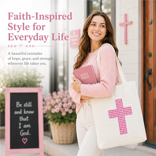Image of Christian Tote Bag Gift for Women, Canvas Bible Bag Handmade Floral Cross | Christian faith-inspired gift, handcrafted cross with lace, inner pocket, snap closure, bottom gusset, church Bible study use