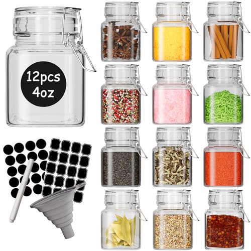 DHSBTLS 120ml Mini Square Spice Jars, 12 Pack Glass Mason Jars with Airtight Hinged Lid, Leak Proof Storage Container for Spices, Honey, Food Bottles with Silicone Funnel and 40 Labels &Chalkboard Pen