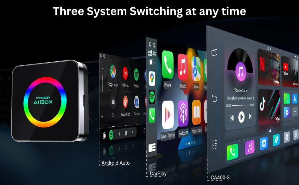 Image of Roger AI Box, Android 13.0 Wireless CarPlay & Android Auto Adapter, Built-in Netflix & YouTube, Apps from Play Store 5G WiFi, Compatible with Wired CarPlay Vehicles Only