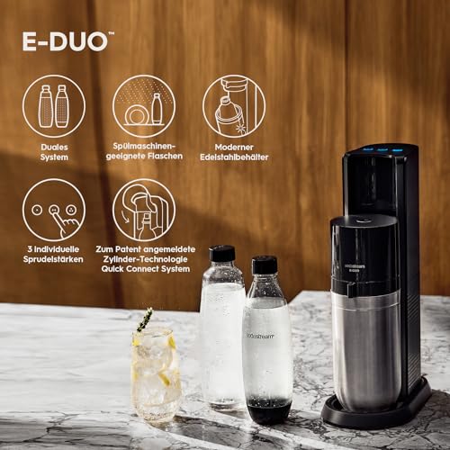 SodaStream elektrischer Wassersprudler E-DUO mit Quick-Connect CO2-Zylinder| inkl. 1x 1L Glasflasche und 2x 1L FUSE Kunststoffflasche (spülmaschinengeeignet) | Farbe: Titan