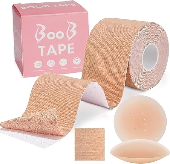 Image of ZEECOM Boob Tape Boobtape for Women, Double-Sided Fashion Tape for Large Breasts, Extra Long Roll Body Tape with 2 Pcs Silicon Reusable Nipple Covers for Women with Lift