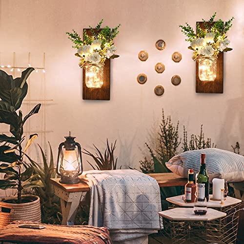 Lewondr Mason Jar Sconces Wall Decor, Set Of 2 Handmade Vintage Hanging Wall Sconce Decorative Fairy Lights With Flowers, Remote Control Lights For Farmhouse Kitchen Living Room, Peony+Brown Board #TOP5
