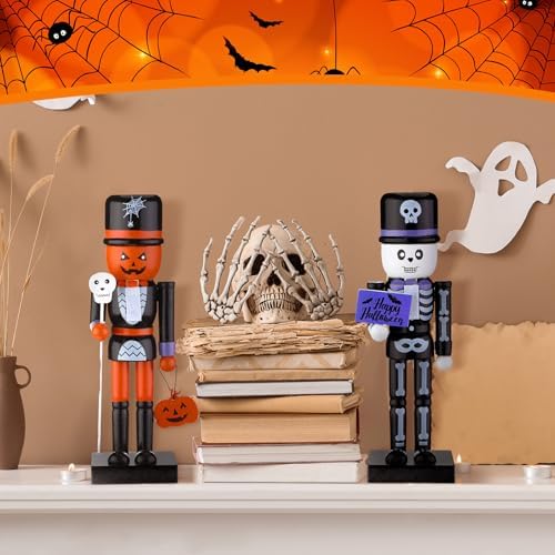 51a2SuwvBIL._AC_ RattanView 2 Pieces 10 Inch Skeleton Pumpkin Nutcracker Party Wooden Nutcracker Decor Nutcracker Figures for Table Decoration